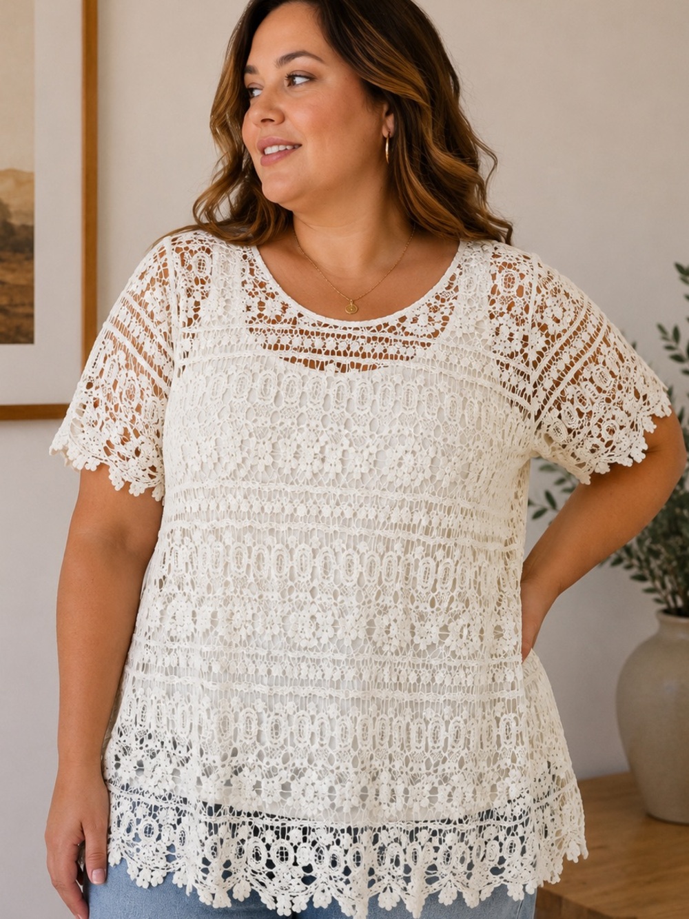 NWT Roz & Ali Ivory Crochet Lace Tunic Top 1X Boho